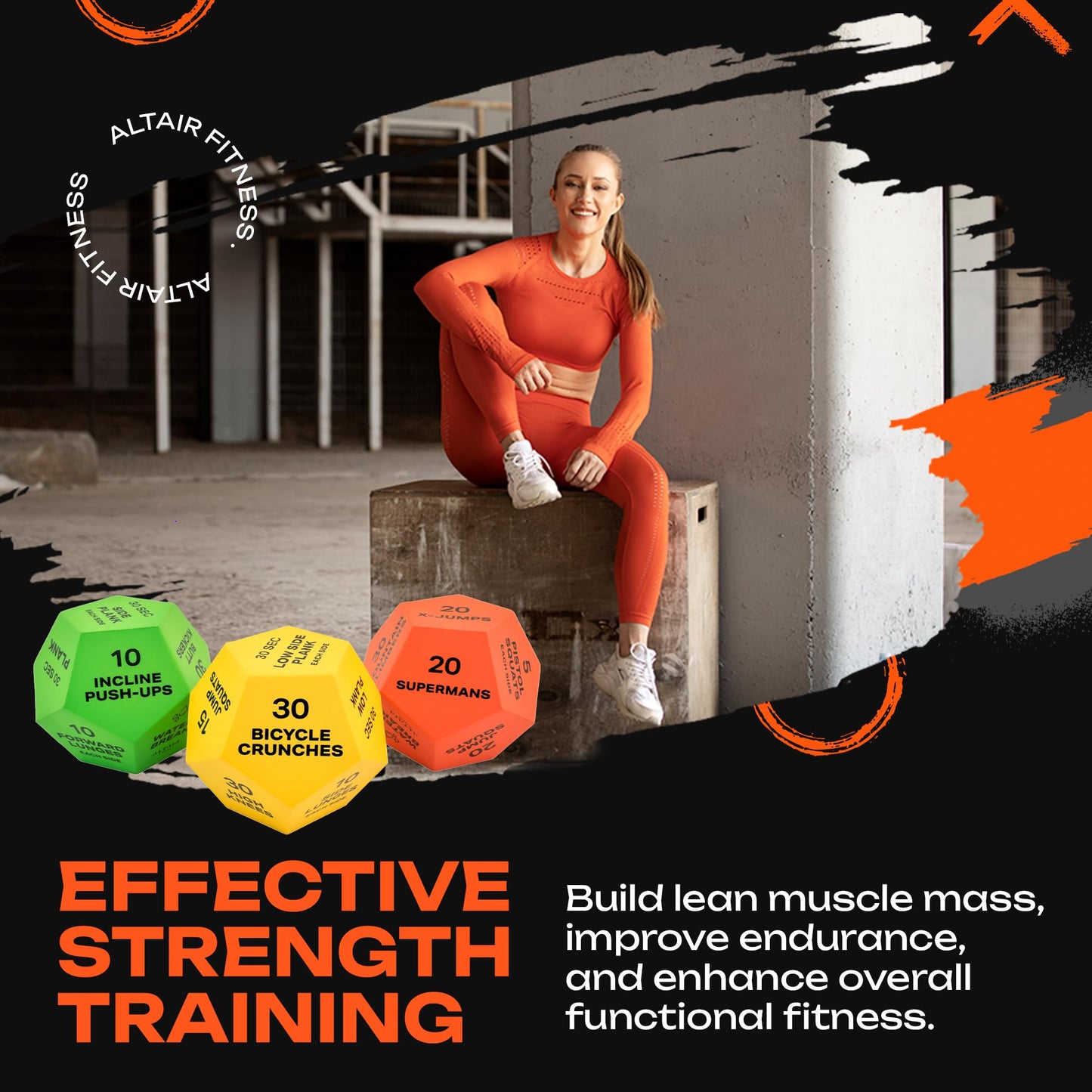 ALTAIR Fitness Dice - 3 12-Sided HIIT Workout Dice with 3 Levels of Difficulty for Adults, Teens & Kids, Motivational Accessories with Mesh Bag & Guide Book