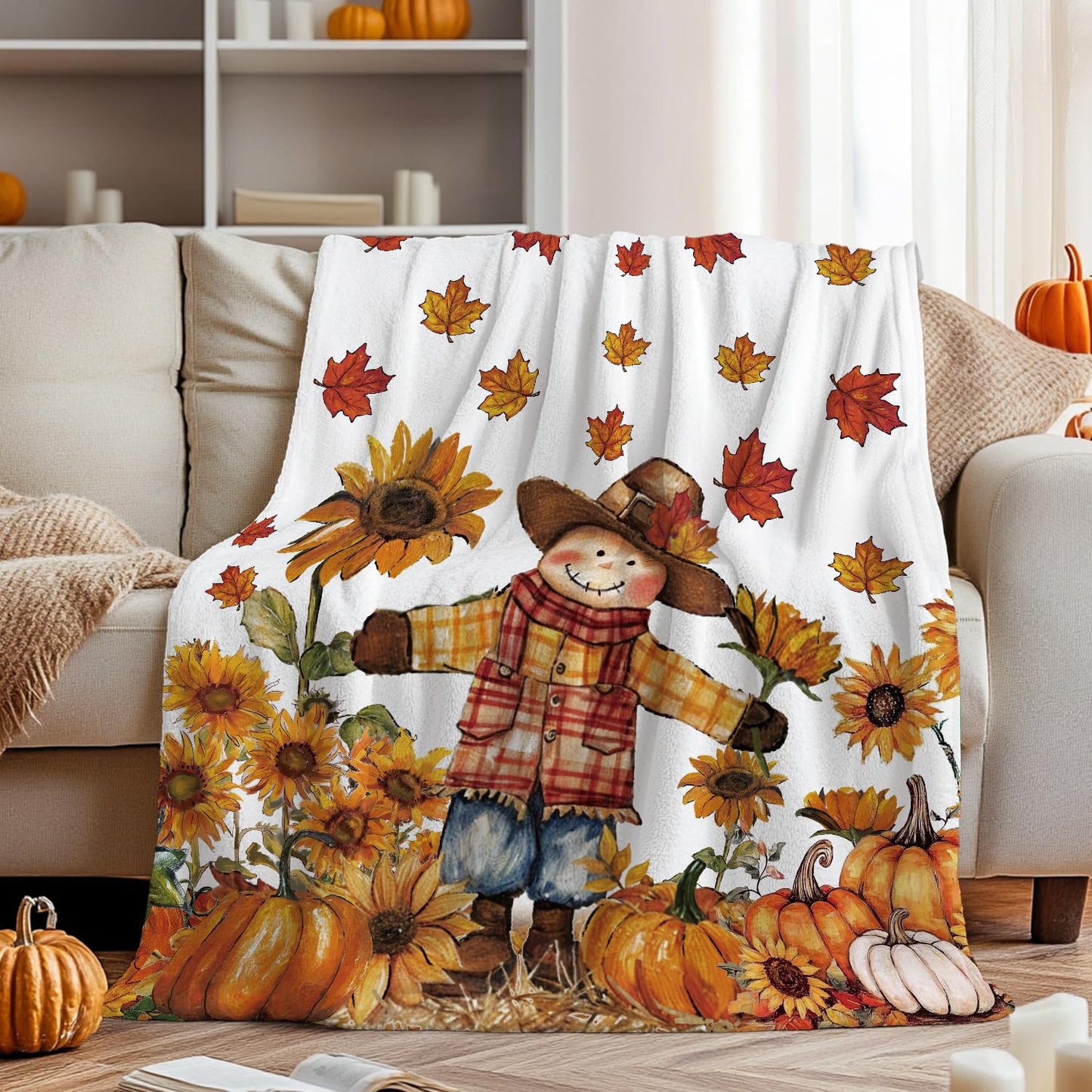 Horaldaily Fall Flannel Blanket Throw, Orange Scarecrow Pumpkin Leaves Soft Fuzzy Plush Cozy Fleece Blankets for Couch Sofa Bed Lounging, Ideal Gifts for Kids Adults Wife Self, 50x60