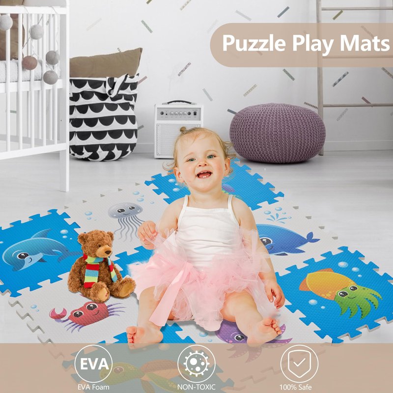 PLAY 10 Puzzle Play Mat, Foam Floor Tiles, Children’s Foam Puzzle Mat Baby Floor Play Mat 34×34 Inches Sea World 9 Pieces, Edge Tooth A
