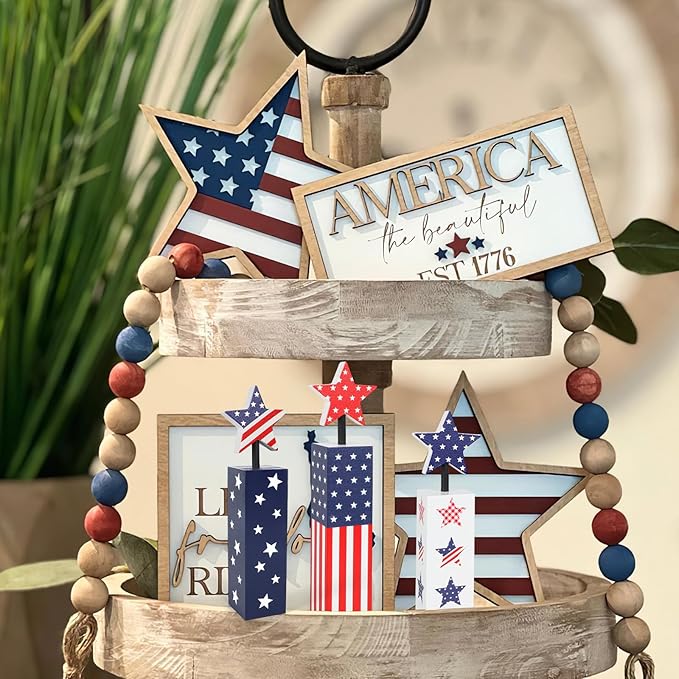 COCHIE 4th of July Decorations Set, Red White Blue Decor, Wooden Patriotic Memorial Day Tiered Tray Decor, Labor Day Decorations, Fourth of July Decoration for Home Office Table (Flag Cute)