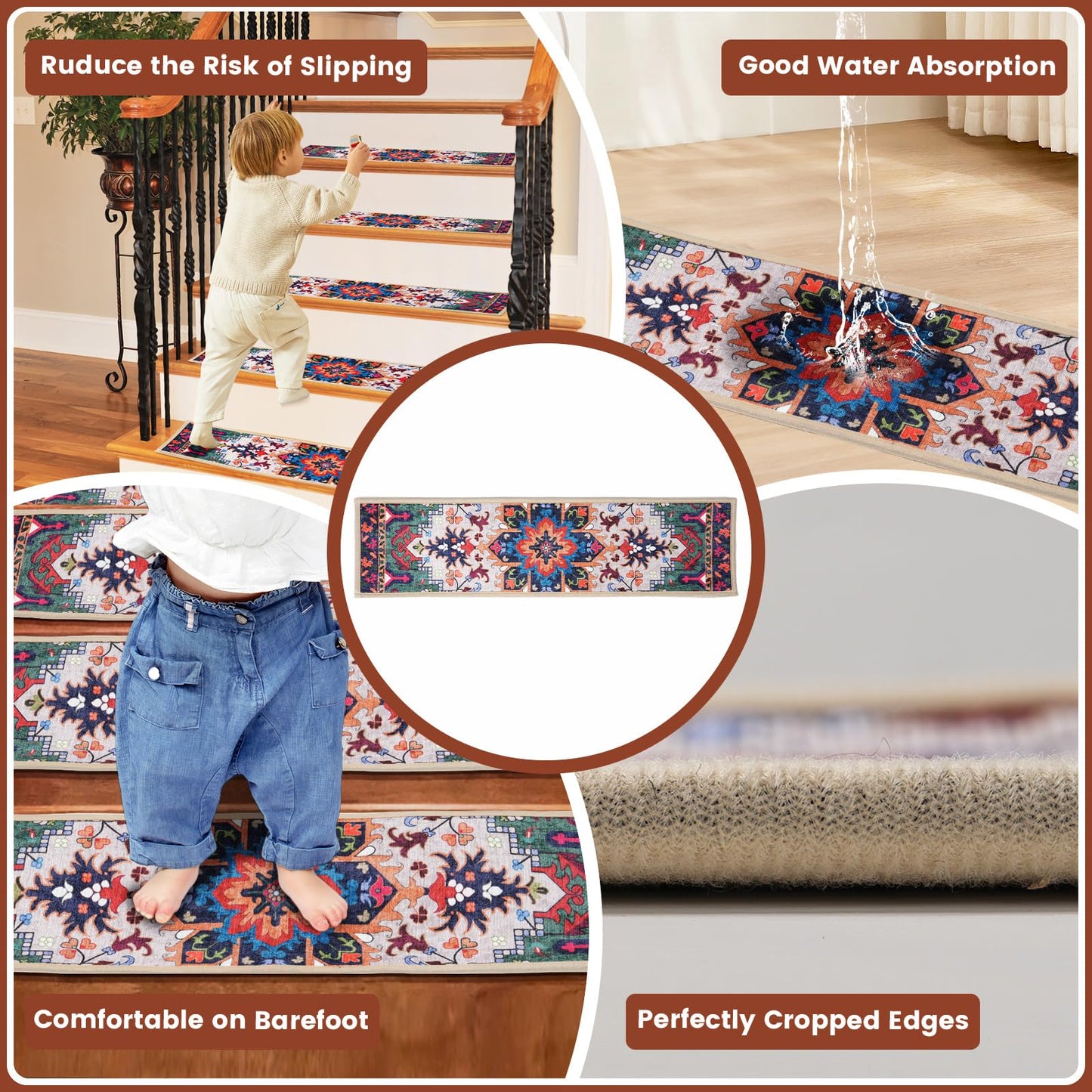 No Slip Stair Treads for Wooden Steps, Machine Washable Stair Runners 15 Pack 30x8 for Pets, Kids & Elders, (Boho - Orange)