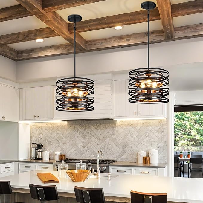 3-Light Farmhouse Black Chandelier for Dining Room Lighting Fixtures, 12.6'' Rustic Drum Ceiling Hanging Pendant Light for Foyer Entryway Kitchen Bedroom, Black with Wood-Grain Metal Interior