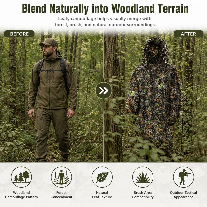 Favuit Ghillie Suit, 3D Leafy Camo Suits Hunting Camouflage Clothing Woodland Ghillie Apparel for Men Turkey Hunting Wildlife