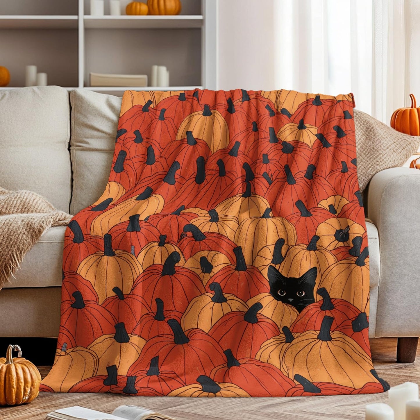 Horaldaily Fall Flannel Blanket Throw, Orange Pumpkin Cat Soft Fuzzy Plush Cozy Fleece Blankets for Couch Sofa Bed Lounging, Ideal Gifts for Kids Adults Wife Self, 50x60