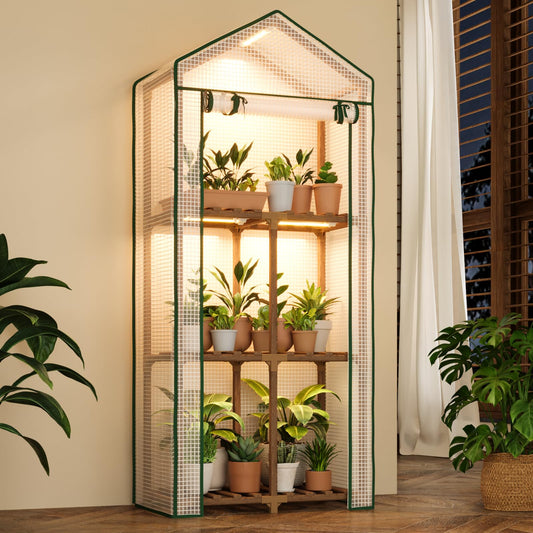 Bamworld Mini Greenhouse with Grow Light Plant Stand for Mutiple Pots Outdoor 3-Tierd Reusable Portable Warm House with PE Cover Compact Patio Boho Home Decor