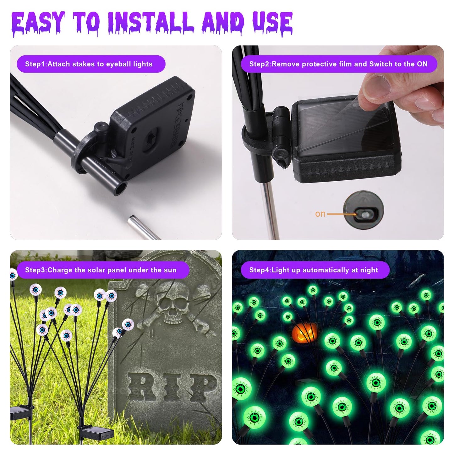 ASMAD Halloween Decorations Outdoor Solar Scary Eyeball Lights, 4Pack 32LEDs Green Eyeball Swaying Firefly Light, Waterproof Halloween Path Lights for Garden/Yard/Patio/Party Decor