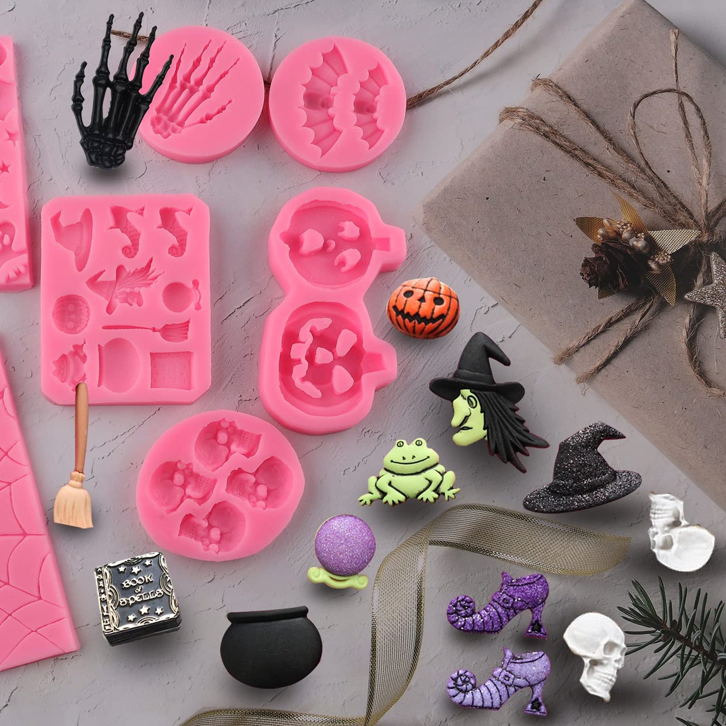 Halloween Silicone 7-Pack Pumpkin Cake & Cupcake Chocolate Skull Batskeleton Hand Bat Ghost Witch Candy Molds for Party