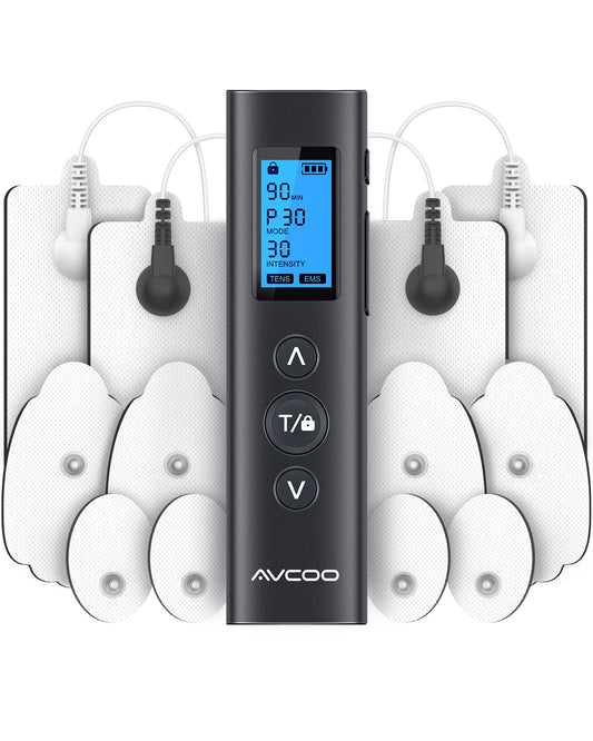 AVCOO 30 Modes TENS EMS Unit Compact Muscle Stimulator for Pain Relief of Back, Shoulder, Neck, Rechargeable & Portable Dual Channel EMS Muscle Stimulator with 30 Intensity Levels, 12 Electrode Pads