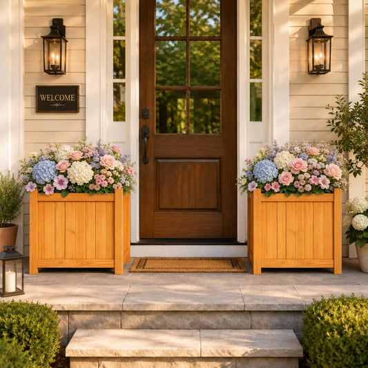 Ultym Set of 2 Wooden Planter Boxes Outdoor, 16.1" Square Fir Wood Flower Planters with Liner, Drainage Holes & Removable Bottom Board, Natural Wood Outdoor Bucket Planter for Patio Porch Yard Garden