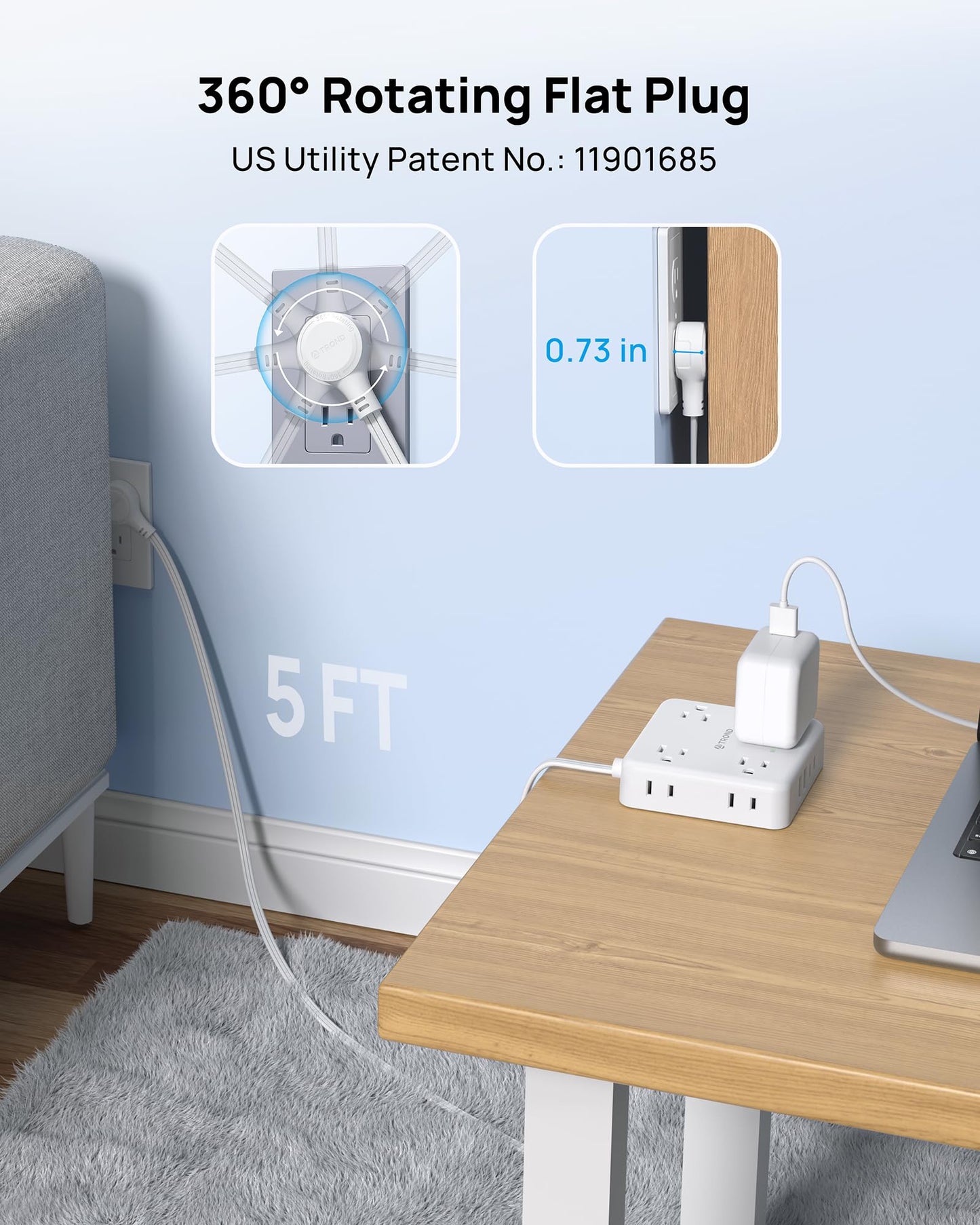 TROND 360° Rotating Plug Power Strip, 5FT Flat Extension Cord with Multiple Outlets 4 USB (2 USB C), Wall Mount Surge Protector 1440 Joules for Home Office Travel Dorm Room Essentials, White
