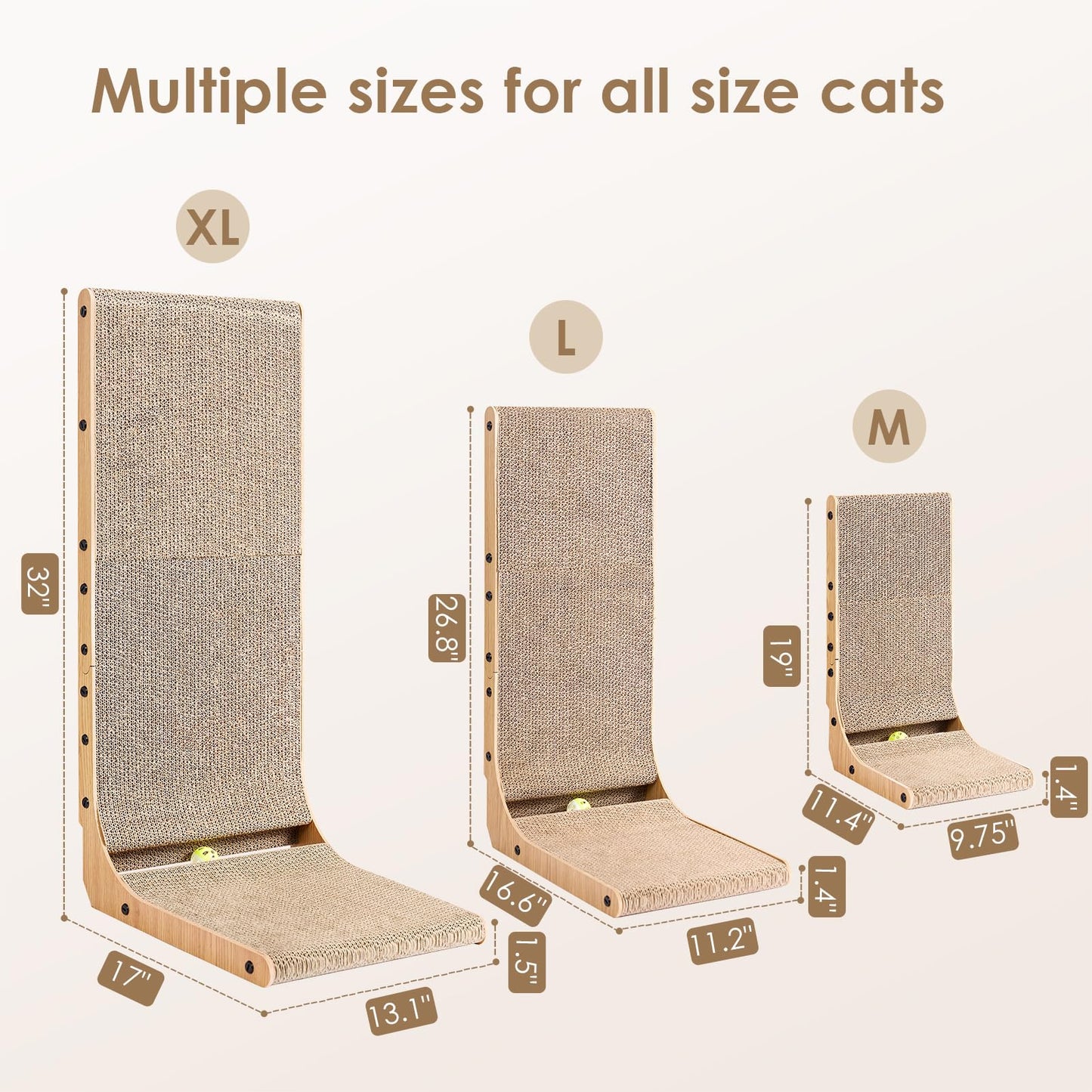 EHEYCIGA Cardboard Cat Scratcher for Indoor Cats, 26.8 Inch L Shaped Vertical Cat Scratching Board with Ball Cat Toy, Large Cat Scratcher Pad, Brown