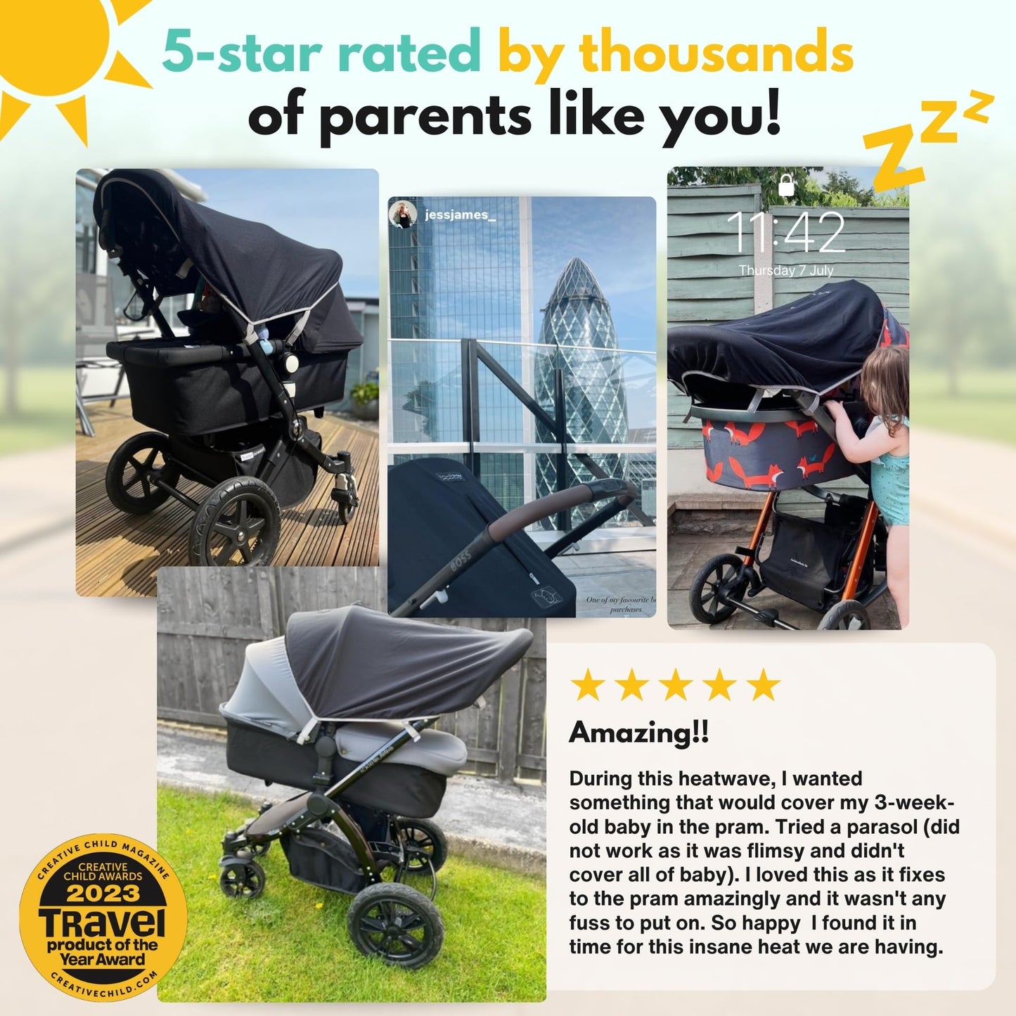 SnoozeShade Original 0-6m Pram and Buggy Sun Shade Blackout Cover Blocks 99% UV UPF 50 Baby Sleep Aid Better Than Breathable Mesh Canopy for Carrycot and Pushchair