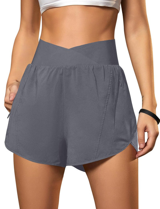 Blooming Jelly Women's Workout Shorts Athletic Running Cross V Cut Waist Work Out Preppy Shorts with Zipper Pockets (Medium Grey,X-Large)