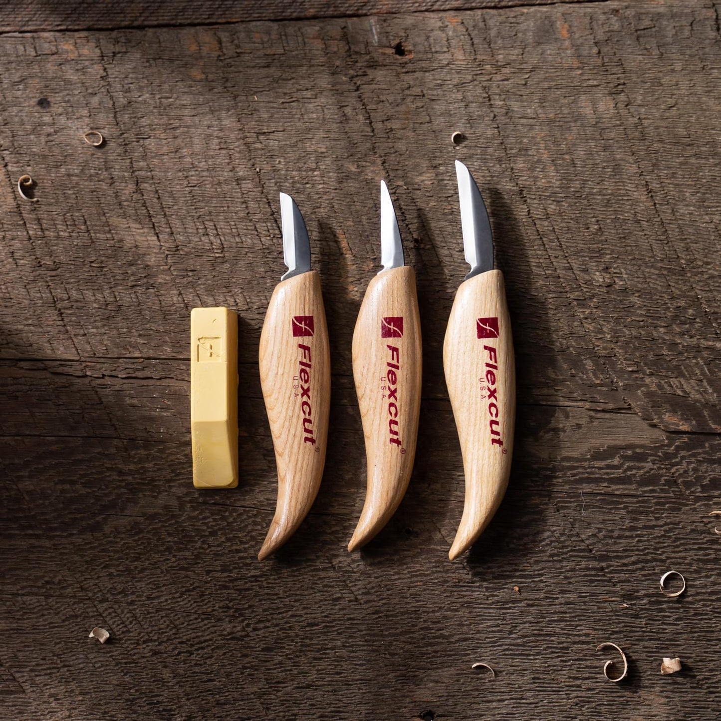 FLEXCUT Starter 3 Wood Carving Knife Set KN500, 1095 High Carbon Steel Blades and Ergonomic Ash Wood Handles for Beginners and Hobbyists