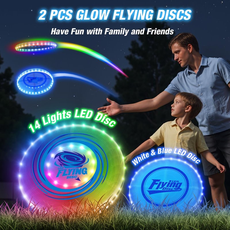 HYES 2 Pack Light up Flying Discs for Kids, Rechargeable Disc with 45 LEDs, 14 Lighting Modes(10")&Built-in Battery Disc(7.8"), Glow in The Dark Ring for Beach/Camping/Outdoor Sport