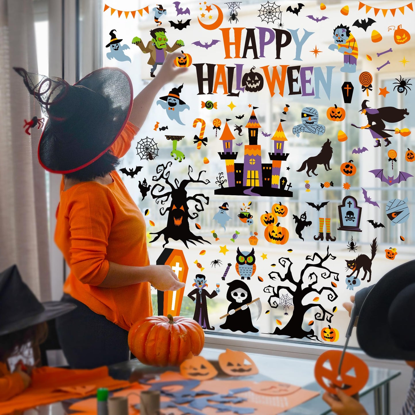 115PCS Halloween Window Clings, 9 Sheets Halloween Decorations, Cute Witch Tree Zombie Ghost Patterns PVC Window Stickers for Treat or Trick Party Favors Decal Supplies Decor Accessories