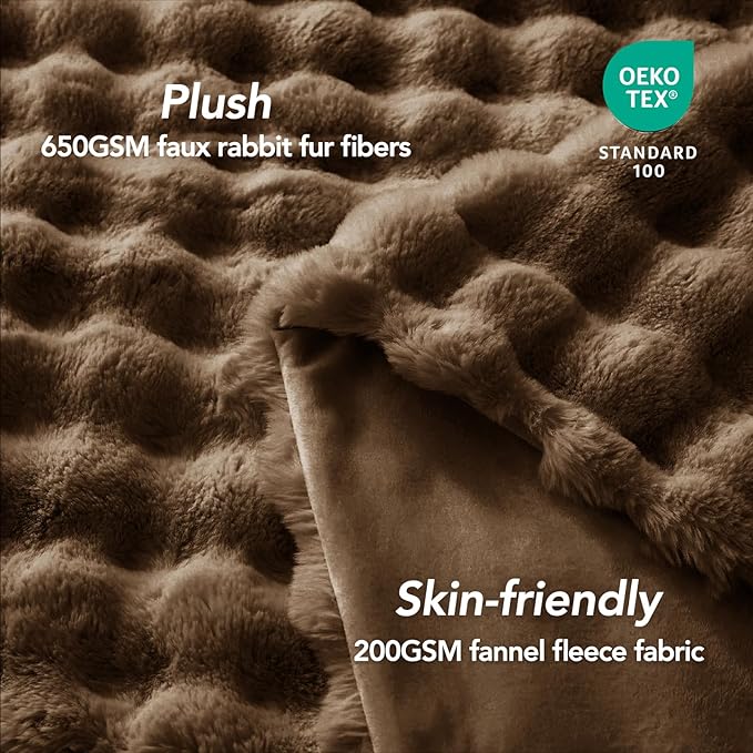 L'AGRATY Faux Rabbit Fur Blanket: 50" x 60" Luxury Soft Fluffy Thick Fur Throw Blanket for Couch Bed Sofa - Cozy Plush Bubble Blankets for Winter: Warm Flannel Fleece Decorative Blanket(Cocoa Brown)
