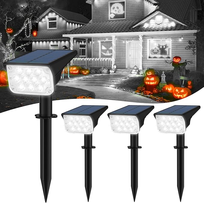T-SUNUS Christmas Solar Spotlights White 6000K IP65 Waterproof 2-in-1 Outdoor Landscape Spot Lights Garden Light for Flag Tree Yard Driveway Porch Walkway Patio Statue Graveyard Halloween 4 Pack
