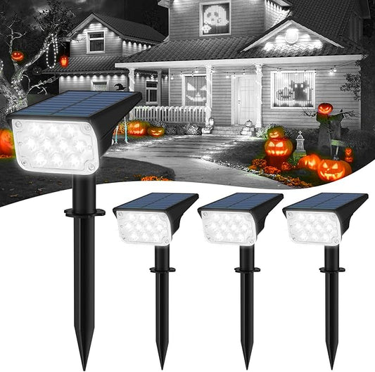 T-SUNUS Christmas Solar Spotlights White 6000K IP65 Waterproof 2-in-1 Outdoor Landscape Spot Lights Garden Light for Flag Tree Yard Driveway Porch Walkway Patio Statue Graveyard Halloween 4 Pack