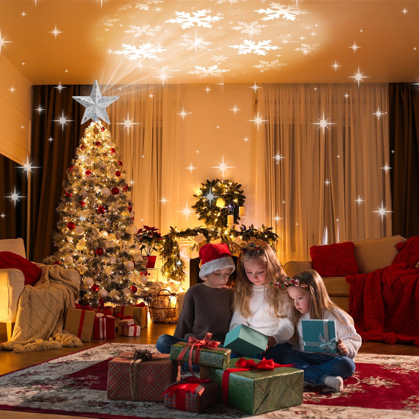 Christmas Tree Topper Lighted with 6 Projection Modes,Christmas Star Tree Topper Built-in LED Rotating Projector Lights 3D Sparkling Christmas Tree Decorations for Xmas Party Holiday Decor(Silver)