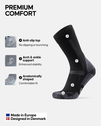 DANISH ENDURANCE Outdoor Walking Thermal Socks, Merino Wool, Premium Comfort Hiking Socks for Men & Women Unisex 3 Pack, Black, 9-12