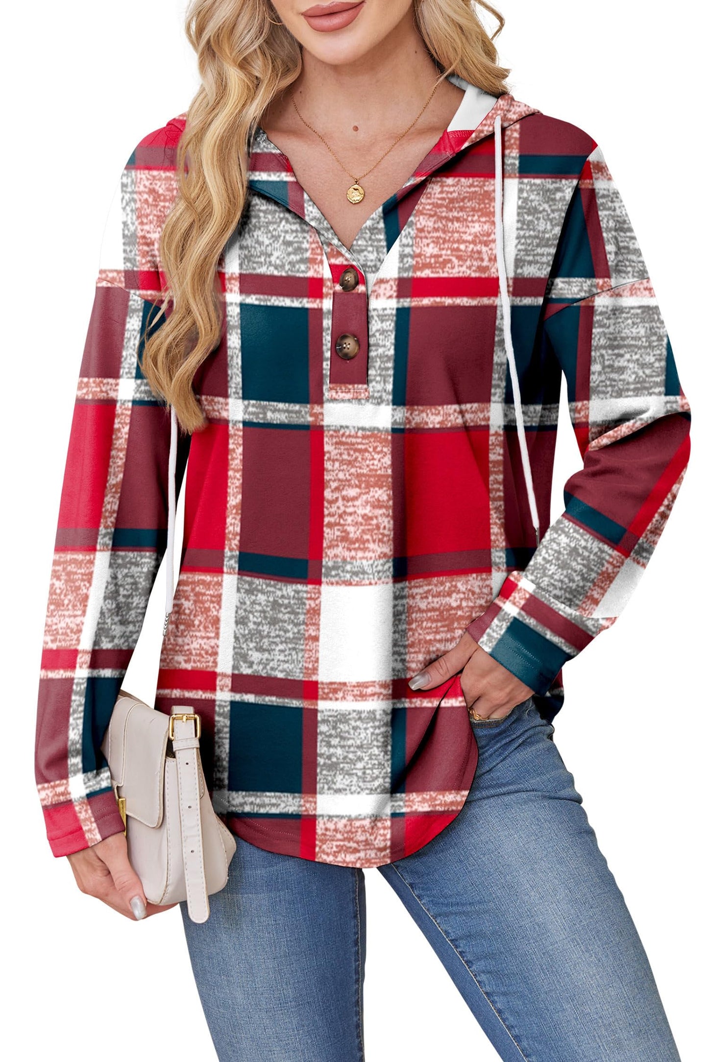 RUMIA Ugly Christmas Sweaters for Women 2025 V Neck Long Sleeve Shirts Casual Tops Plaid Red Blue L
