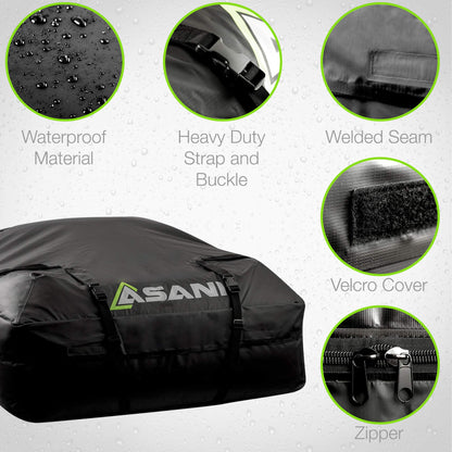 Asani Waterproof Car Roof Top Cargo Carrier Bag with 8 Heavy-Duty Straps and Buckles | Weatherproof Luggage Roofbag for Rooftop Racks | Car Topper Bag for Sedan, SUV, Vans & More (15 Cubic Feet)