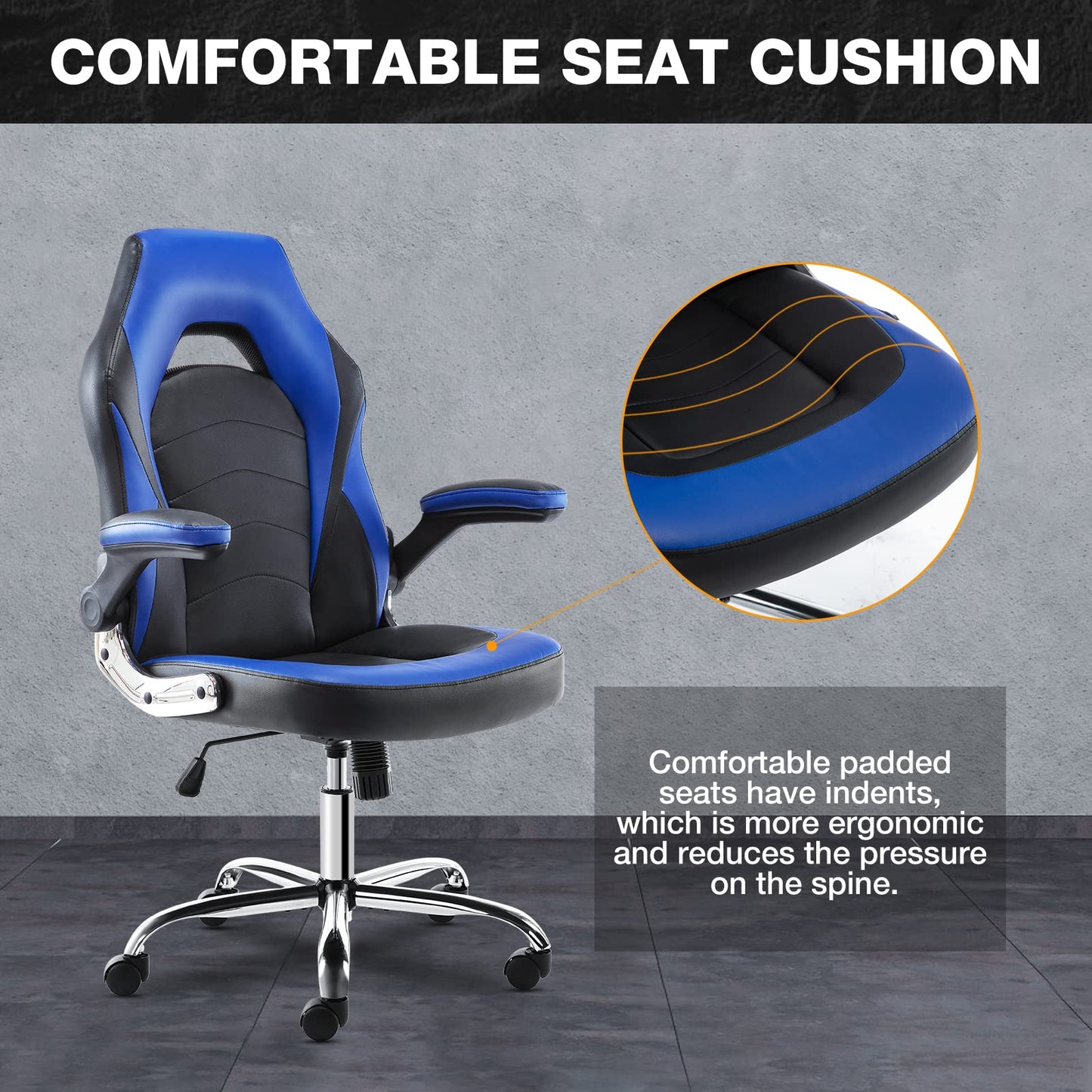 OLIXIS Ergonomic Gaming Office Chair - PU Leather Executive Swivel Computer Desk Chair with Flip-up Armrests and Lumbar Support for Working, Studying, Gaming, Grey, Blue (A-95blue)
