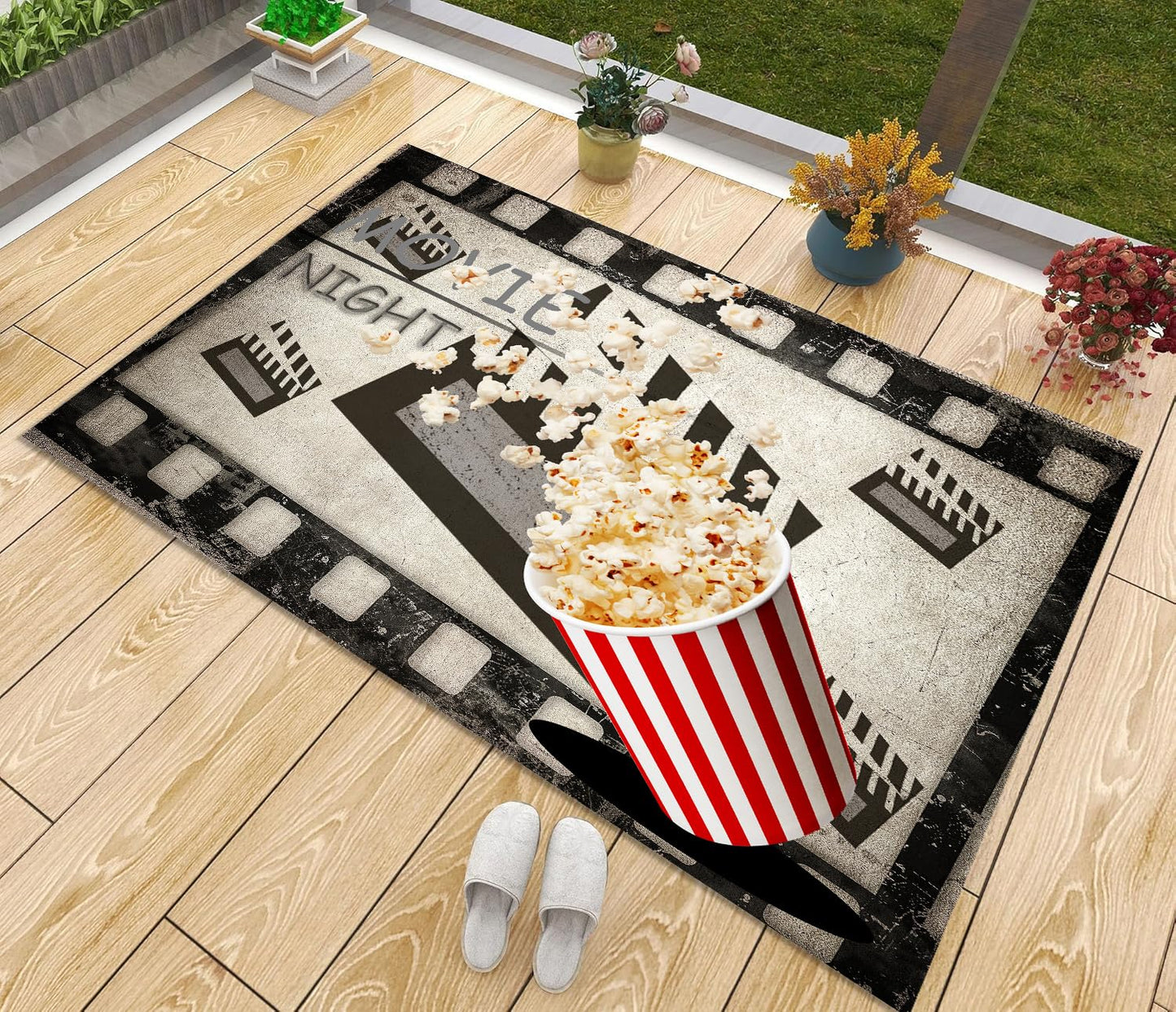Movie Area Rug, 2x3ft Cinema Themed Rug, Indoor Entrance Non-Slip Mat, Kids Playroom Washable Carpet, Popcorn Clapboard Movie Night Carpet for Living Room Entertainment Home Theater Area