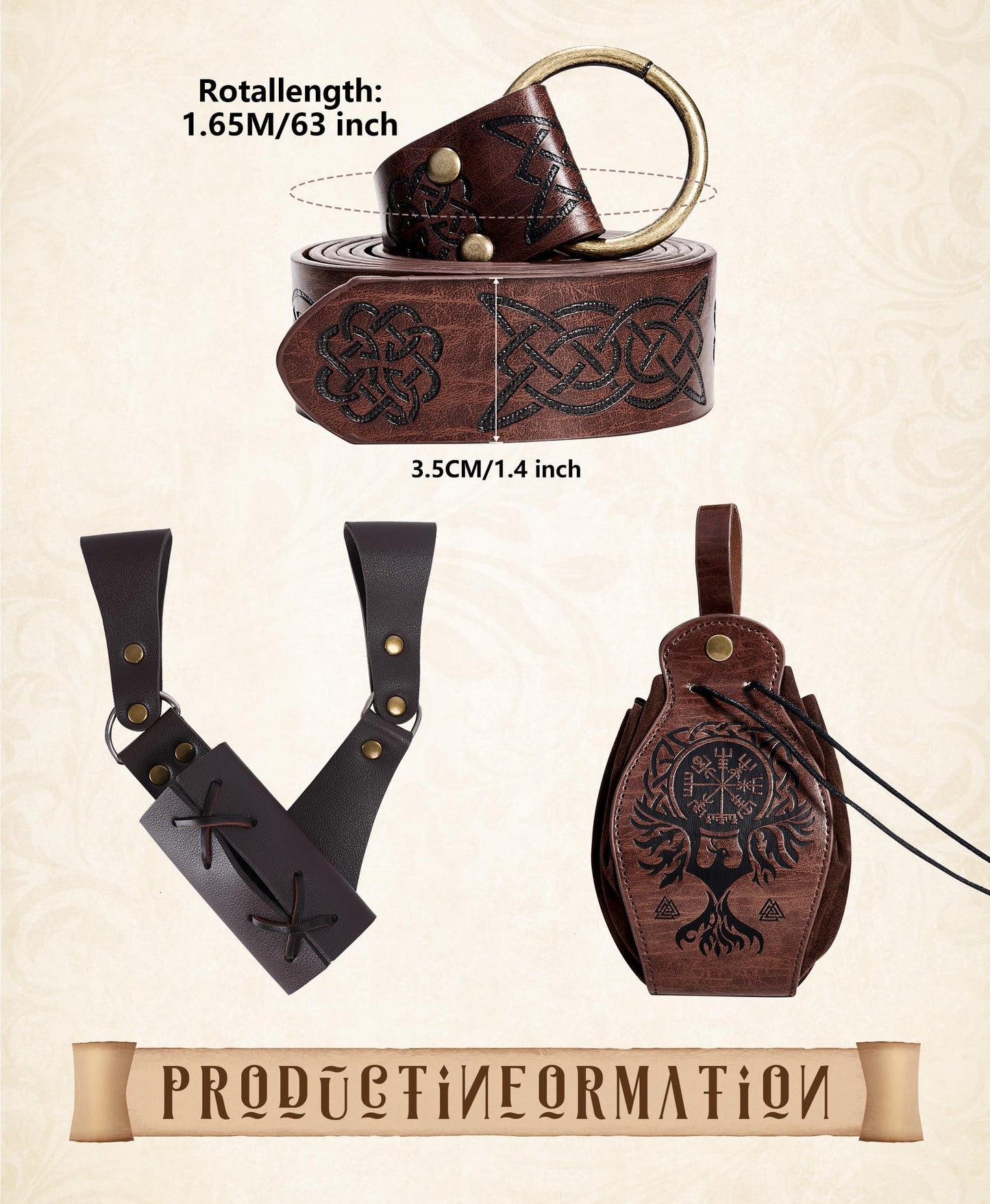 8 Pcs Men's Renaissance Costume Halloween Medieval Pirate Shirt Pant Viking Costume Accessories Set (Vivid Color, Large)