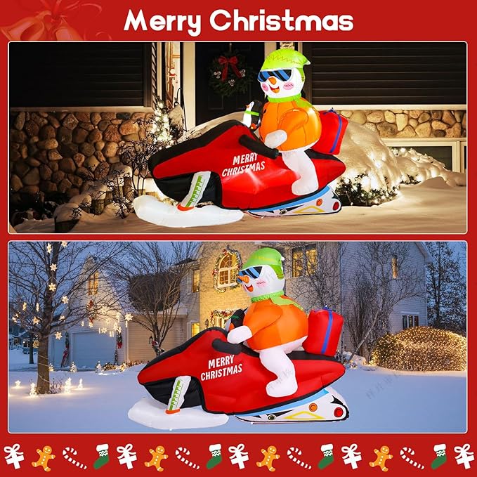 7FT Christmas Inflatable Snowman Motorcycle Decoration, Multi-color, LED Light, Weather Resistant