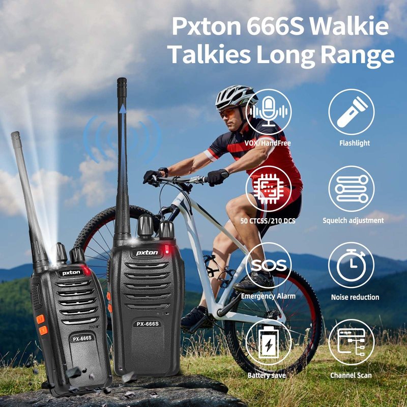 pxton walkie talkies, 666S walkie talkies for Adults Long Range Rechargeable with Headphones and Li-ion Battery,2 Way radios has VOX/Noise Reduction/TOT/Flashlight/Monitoring/Scan Function（2 Pack）
