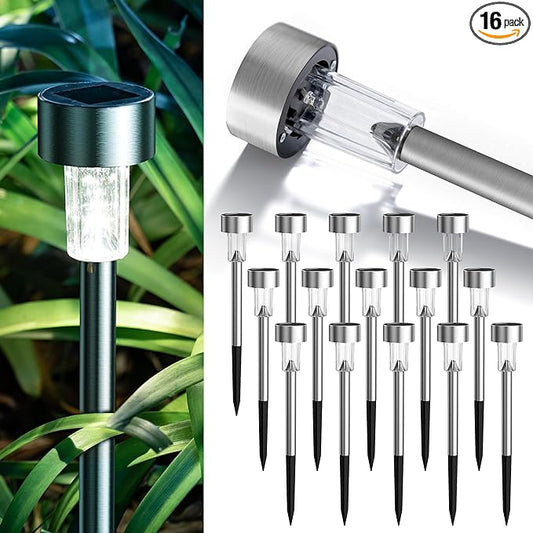 GIGALUMI Solar Lights Outdoor Waterproof,16 Pack Stainless Steel LED Solar Garden Lights for Patio, Lawn, Yard and Landscape(Cold White)