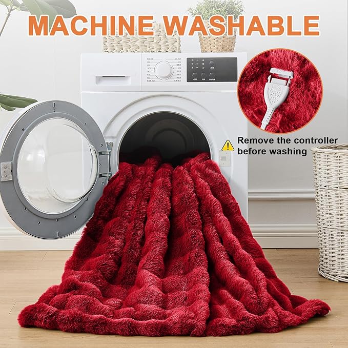 Heated Blanket Electric Throw Blanket 72''X 84''-Heating Blanket with 6 Heat Settings-10 Hours Auto Off,Cozy Faux Rabbit Fur Bubble Electric Blanket,Red