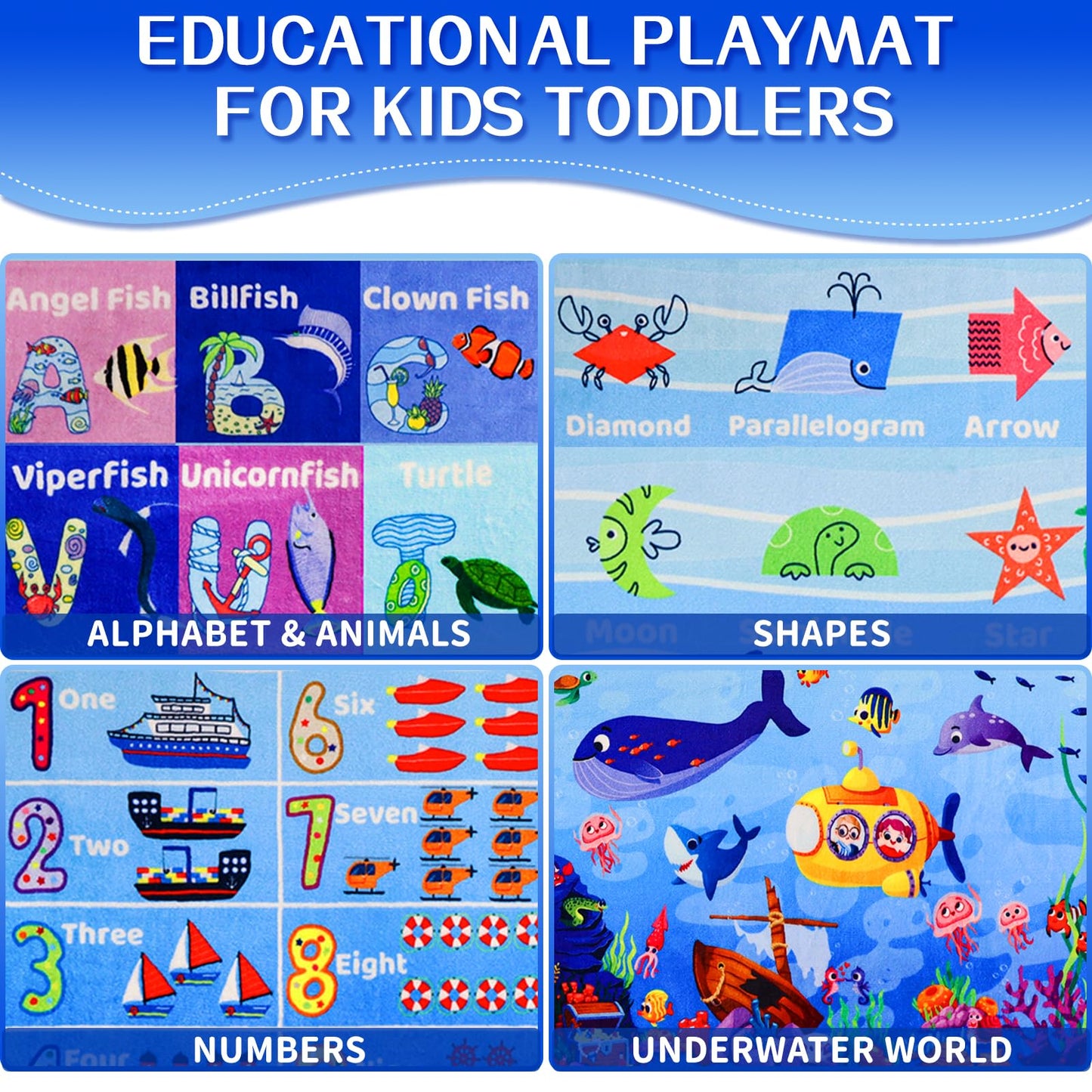 Mfmiudole Ocean Educational Kids Learning Rug with ABC Alphabet, Sea Animals, Numbers & Shapes, Interactive Preschool Play Carpet for Classroom Nursery Homeschool, Non-Slip Rug, 5' x 3'3"