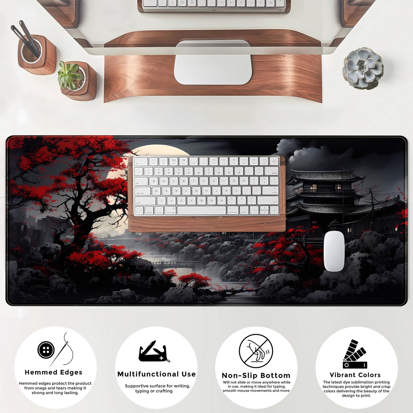 Riverside Full Moon Japanese Desk Mat - Large Black Red Gaming Mousepad XXL Keyboard Pad 31.5 x 11.8 in - Extended Mouse Pad for Laptop Computer Office Desk Decor