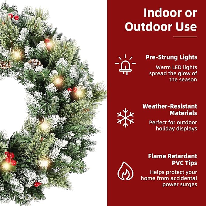 24 Inch Christmas Wreaths for Front Door with Lights,Lighted Artificial Flowering Pine Door Wreath,Prelit Faux Green Winter Wreath with Pine Cones and Red Berry for Indoor Outdoor Decor