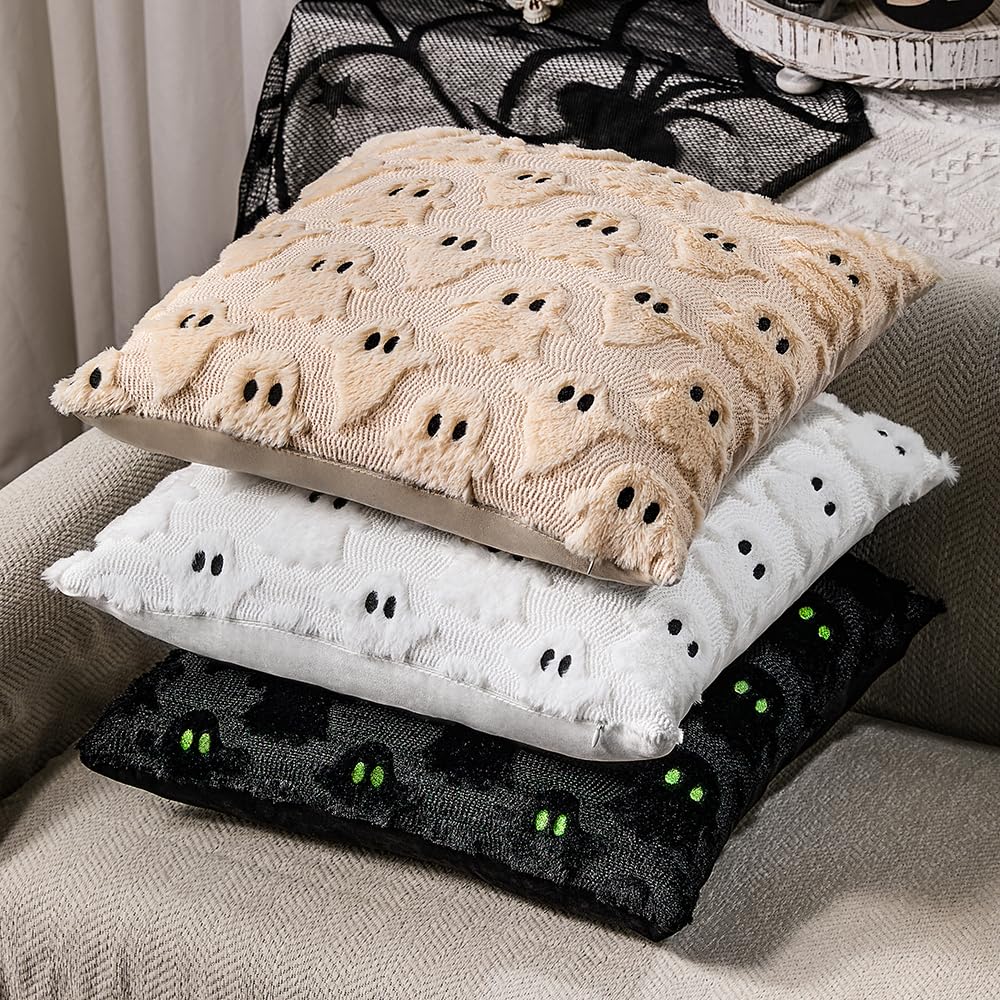 DFXSZ Halloween Pillow Covers 18x18 inch Set of 2 Black Ghost Throw Pillow Cases Soft Plush Faux Fur Wool Couch Cushion Case for Chair Sofa Bedroom Living Room Home Decor PTK03F18