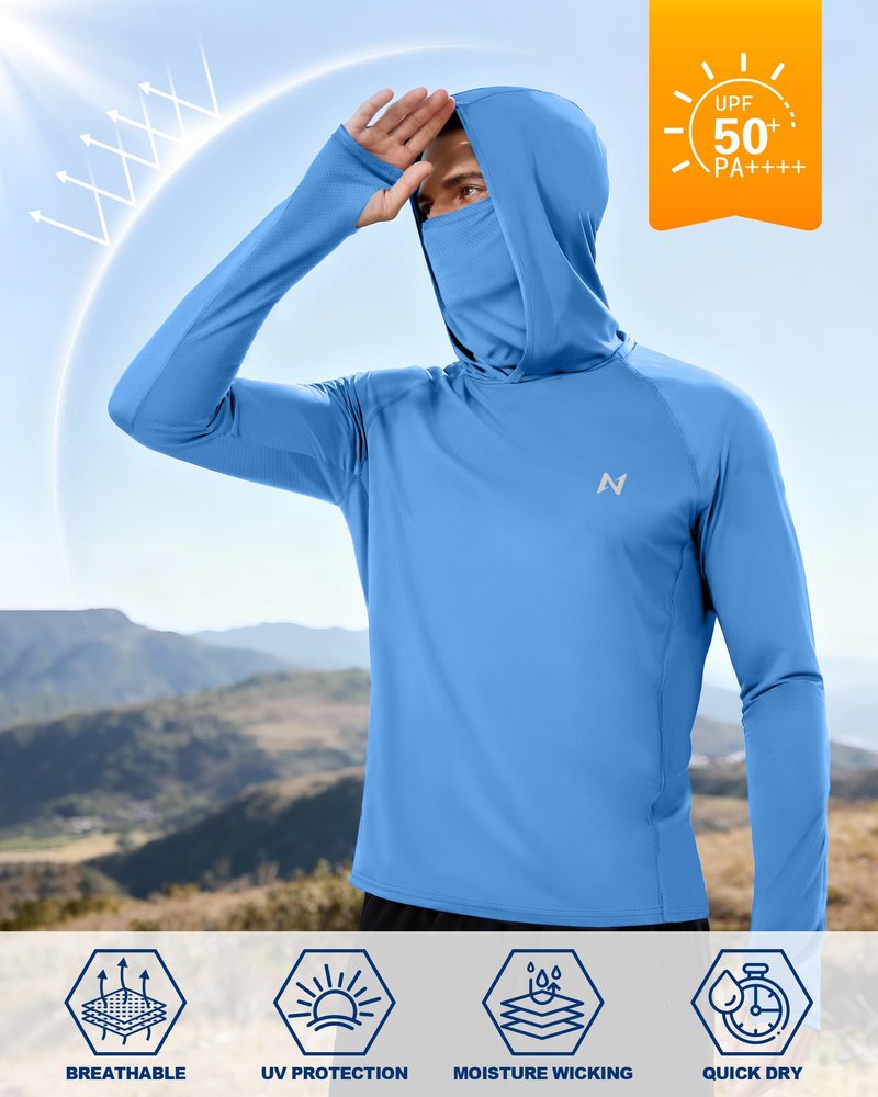isnowood Men's UPF 50+ Fishing Sun Hoodie, UV Protection Long Sleeve Hooded Shirt with Mask for Hiking outdoor