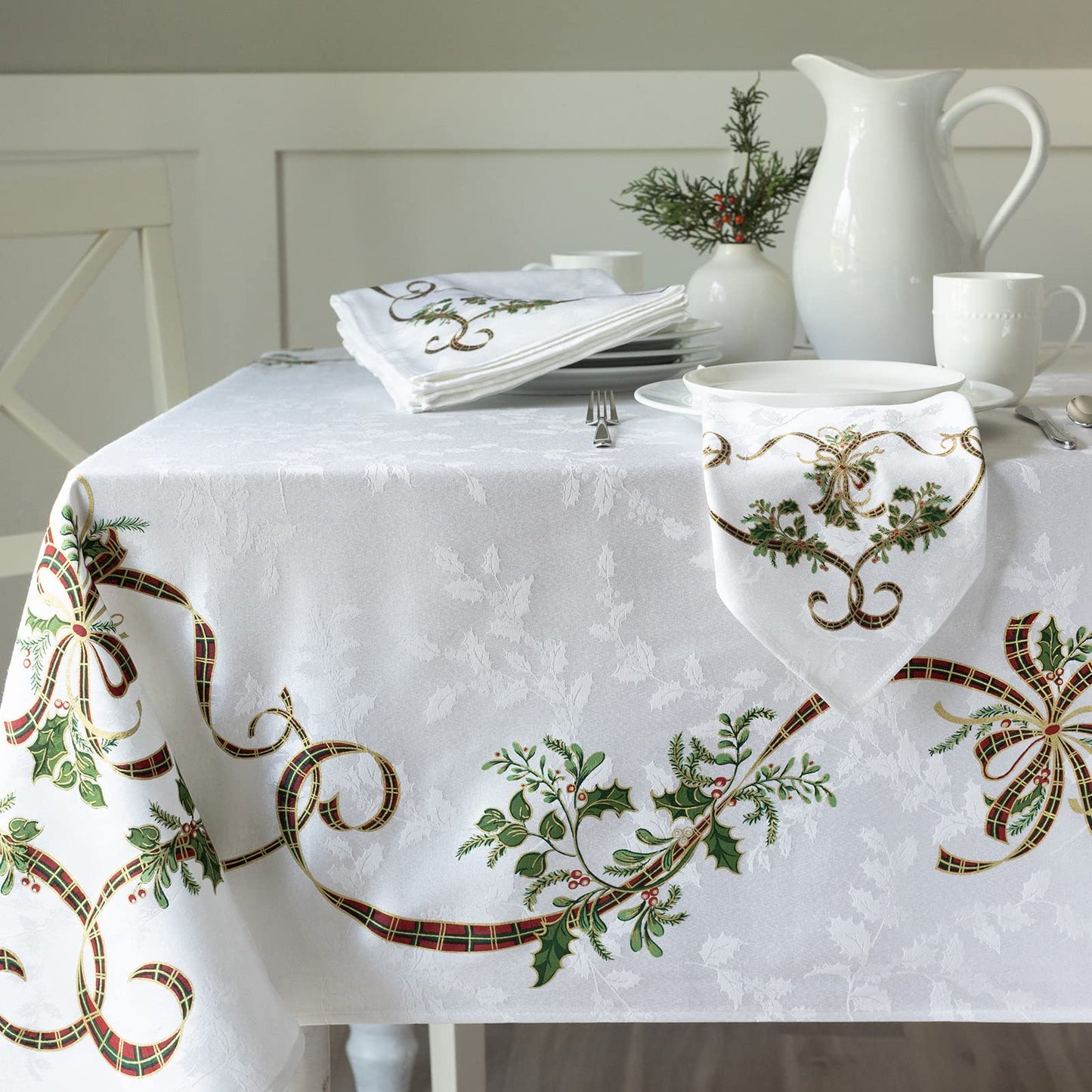 Benson Mills Merry Ribbons Engineered Printed Jacquard Fabric Christmas Table Cloth, for Christmas, Winter, and Holiday Tablecloth (60" x 104" Rectangular, Merry Ribbons)