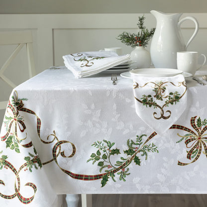 Benson Mills Merry Ribbons Engineered Printed Jacquard Fabric Christmas Table Cloth, for Christmas, Winter, and Holiday Tablecloth (60" x 104" Rectangular, Merry Ribbons)