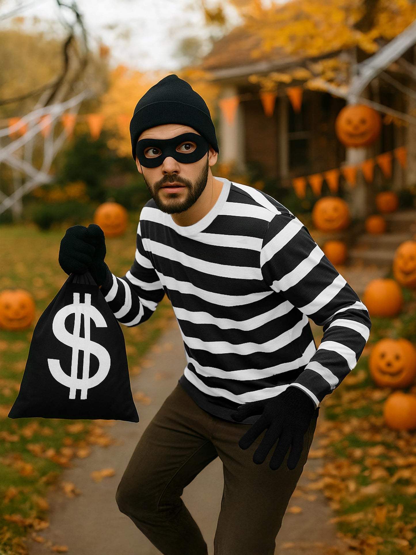 QZYL Robber Costume Set, M Unisex Thief Cosplay T Shirt Beanie Cap Gloves Eye Masks Money Bags for Halloween