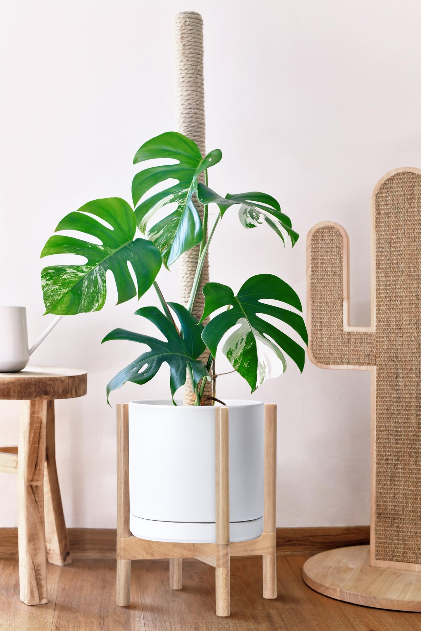 D'vine Dev Ceramic Planter with Natural Stand - 12 Inch Modern Round Flower Pot with Wood Planter Holder, White, 55-B-J-1