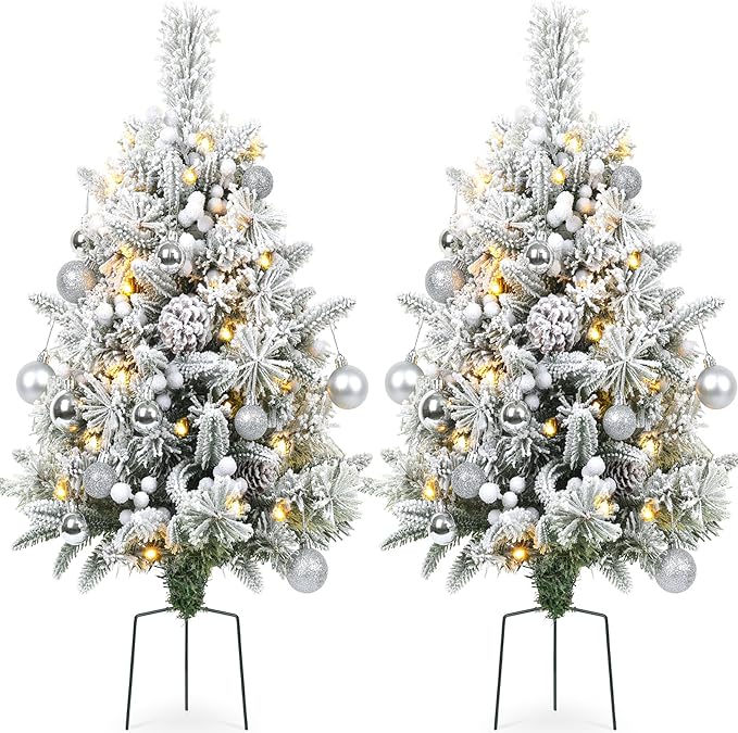 Set of 2 30 Inch Prelit Outdoor Christmas Trees, Artificial Battery Operated Snow Flocked Xmas Tree with Stake, Silver Berries, Pine Cones, Ball Ornaments, 8 Lighting Modes & Timer Included