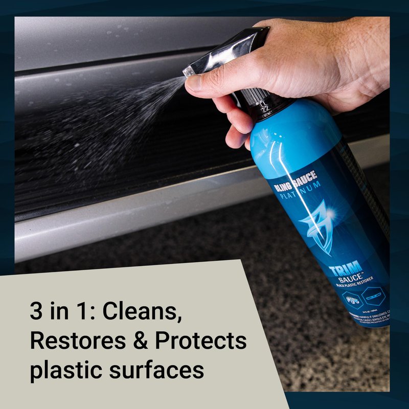Bling Sauce Platinum: Trim Sauce, 3 in 1 Black Plastic Restorer. Cleans, Protects and Restores Faded or Damaged Black Plastic Trim on Cars, Trucks, SXS. Spray On-Wipe Off. 24oz