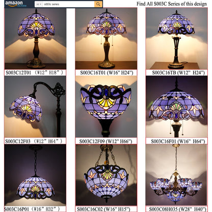 WERFACTORY Tiffany Table Lamp Blue Purple Stained Glass Baroque Style Reading Desk Light, Metal Leaf Base 8X10X21 Inches Decor Small Space Bedside Bedroom Home Office S003C Series