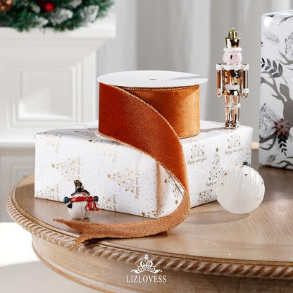 LIZLOVESS Copper Velvet Wired Ribbon with Glitter Back 2.5 Inch Copper Christmas Ribbon Wired Reversible Ribbon for Christmas Tree, Gift Wrapping, Crafts, Wreaths Supplies, Topper Bows (10 Yards)