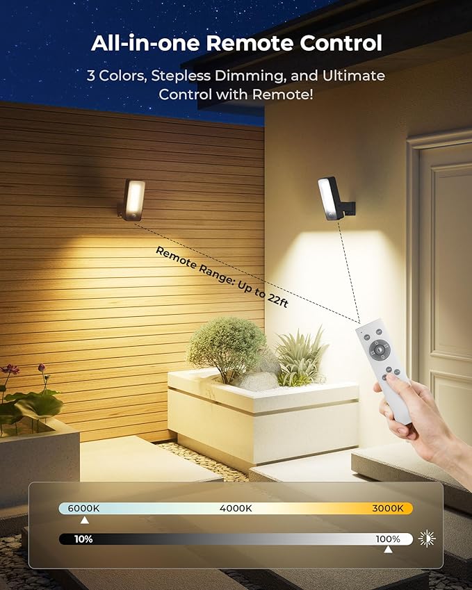 Motion Sensor Outdoor Light, 10000mAh Rechargeable 600 Lumen Battery Operated Outdoor Light with 3 Modes, 3 Color Temperatures, Waterproof Outdoor Security Lights for House, Fences, Patio