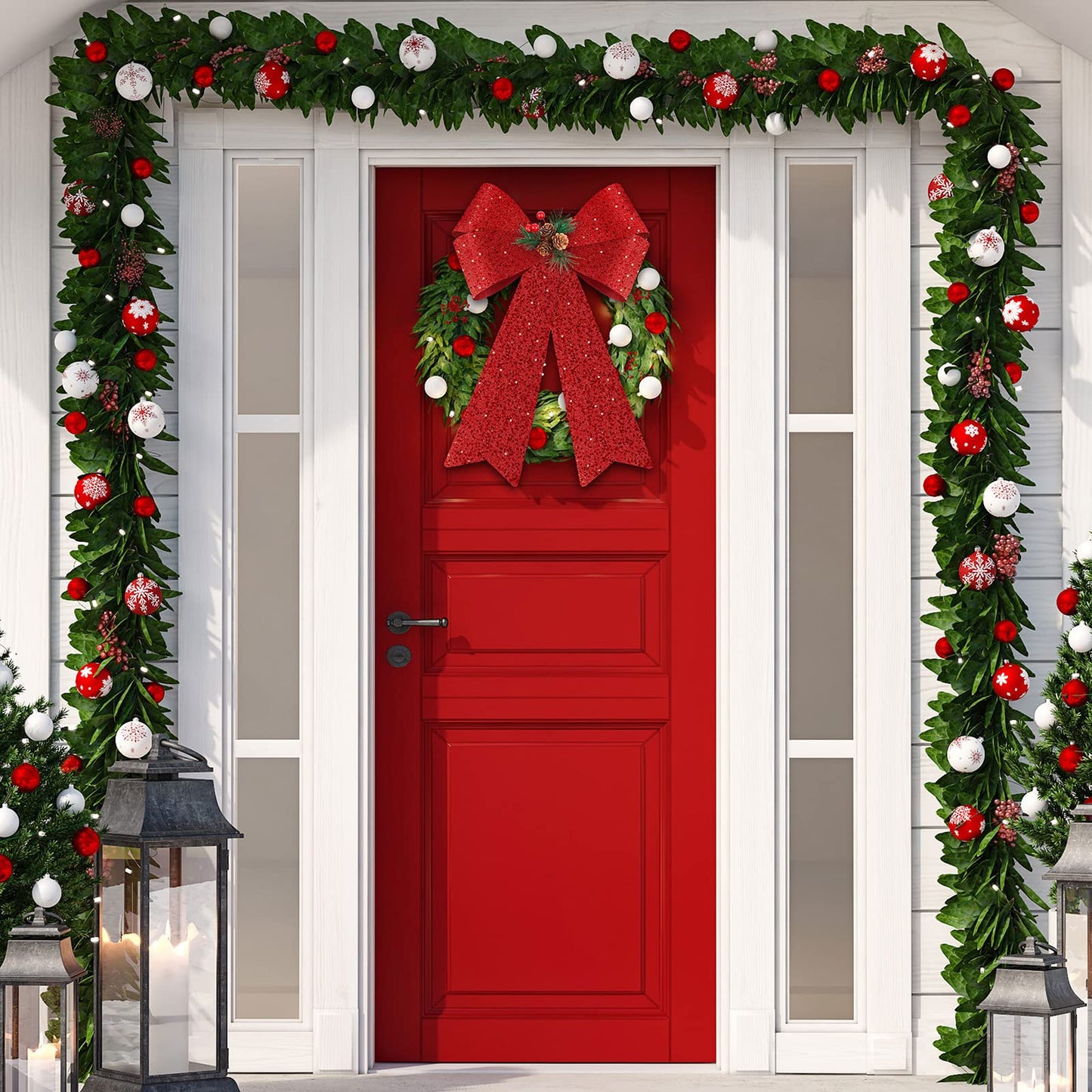 MCEAST 2 Pack Red Christmas Bows 12 x 18 Inches Xmas Wreaths Garland Bows with Pinecones for Christmas Tree Ornaments Sets Indoor Outdor Decoration