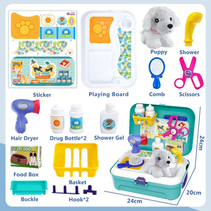 HERSITY Vet Toy Pet Care Kit Role Play Set Grooming Feeding Dog Games Backpack Toys for Kids 3 4 5 Years Old Girls Boys